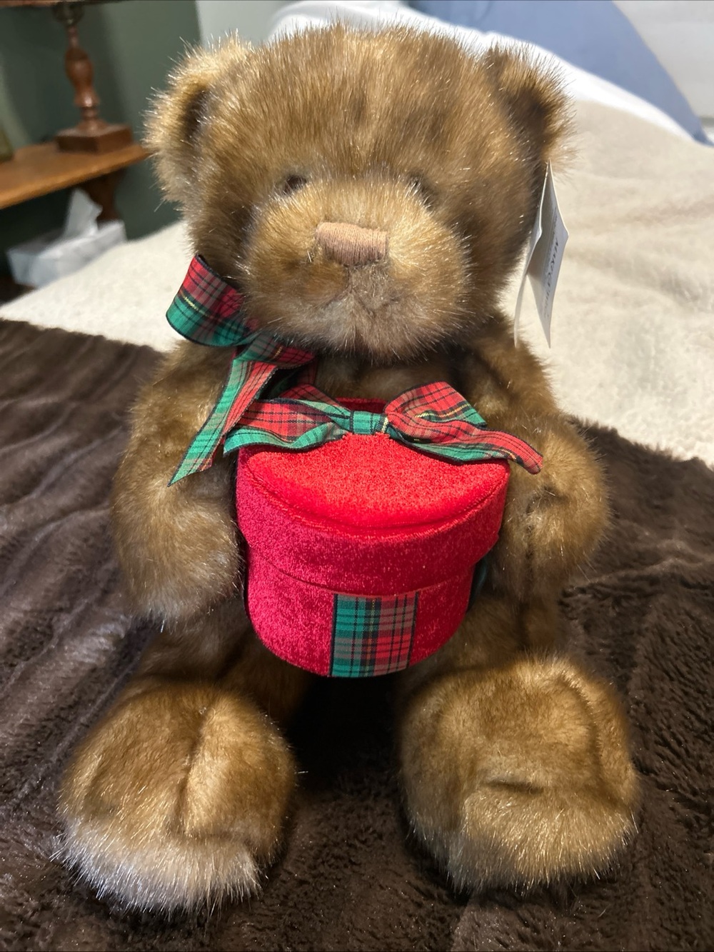 Gund Make A Wish Mink Like Brown 11” Teddy Bear Plush Red & Green Plaid Holiday